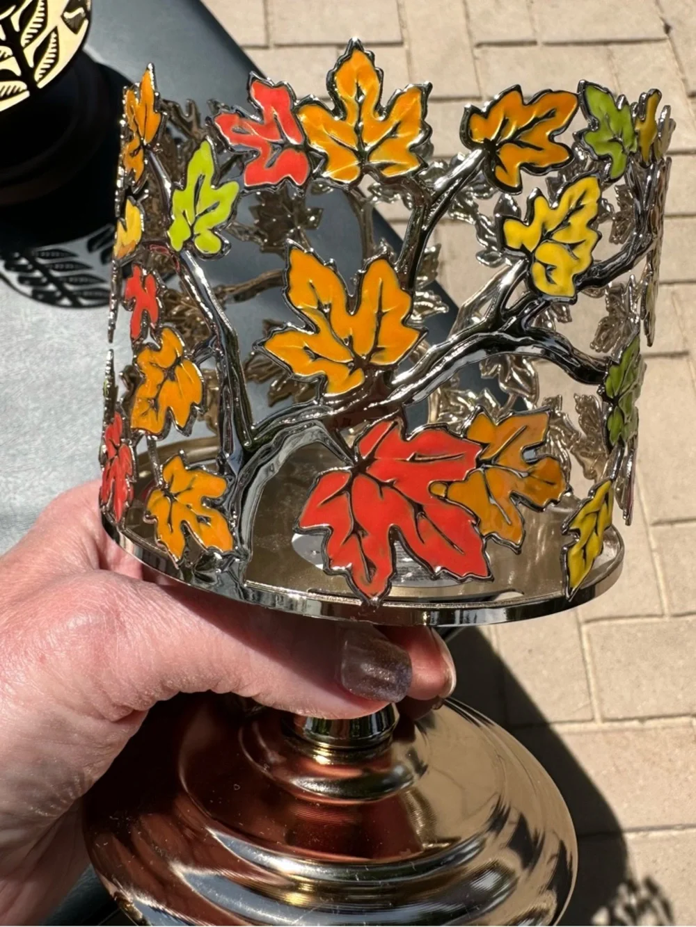 Decorative Metal Leaf Pedestal Candle Holder - Multicolor - Picture 4 of 4